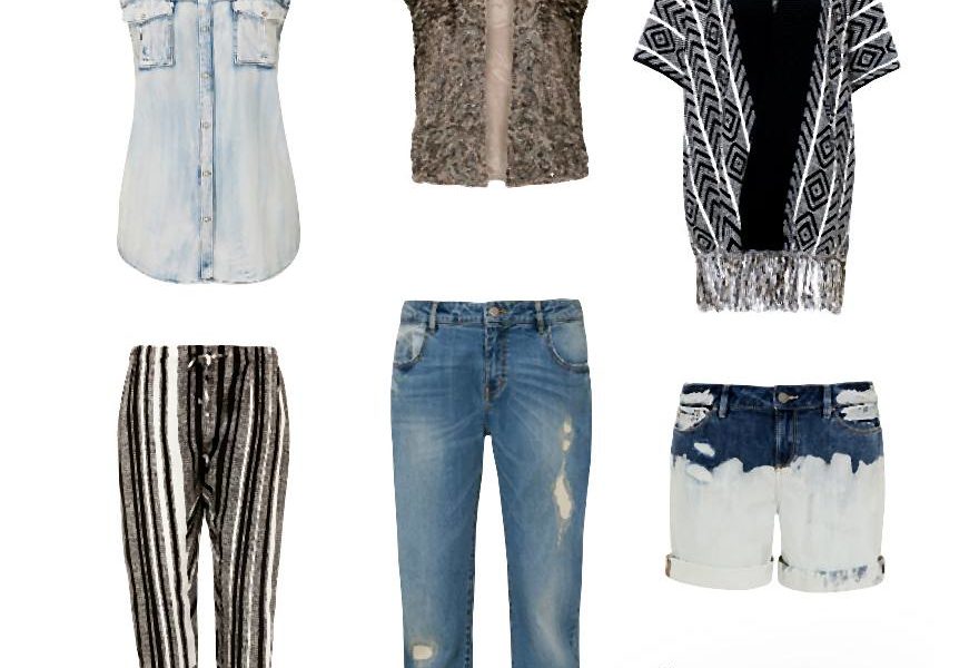 Letnia kolekcja postaw na modne poncho z frędzlami i stylowe, pomalowane farbą jeansowe spodenki.