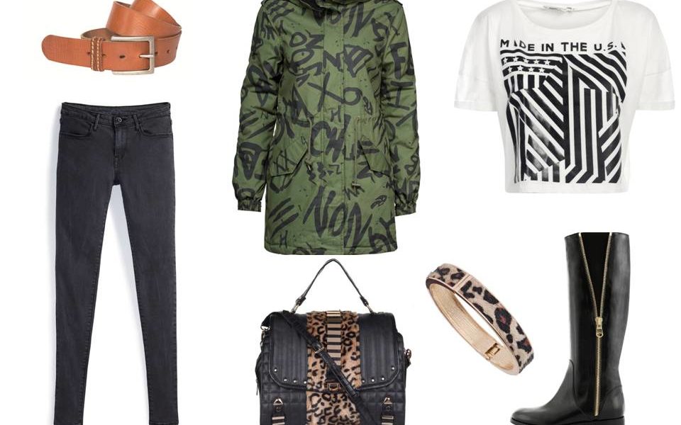 Militarne printy, stonowane odcienie zieleni i brązu