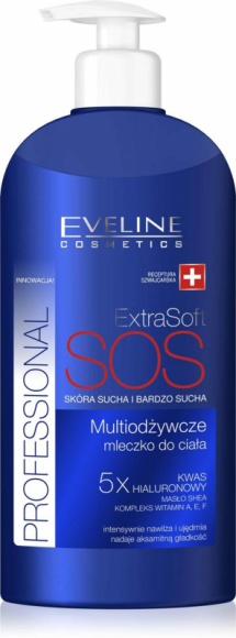 Eveline Cosmetics Multiodżywcze mleczko do ciała Extra Soft Professional LIFESTYLE, Uroda - 5 x KWAS HIALURONOWY, masło SHEA, Kompleks witamin A,E,F MAKSYMALNE ODŻYWIENIE DLA SKÓRY SUCHEJ I BARDZO SUCHEJ