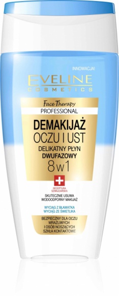Eveline Cosmetics Delikatny dwufazowy płyn do demakijażu oczu i ust 8 w 1 LIFESTYLE, Uroda - • bezpieczny dla oczu wrażliwych i osób noszących szkła kontaktowe • skutecznie usuwa wodoodporny makijaż bez pocierania