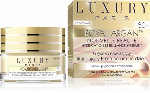 LUXURY PARIS Głęboko nawilżający liftingujący krem-serum na dzień 60+ LIFESTYLE, Uroda - Rewolucyjny program LUXURY Paris Nouvelle Beauté™ został opracowany z myślą profesjonalnej pielęgnacji skóry dojrzałej, w oparciu o rewitalizujące i odżywcze właściwości olejku arganowego.