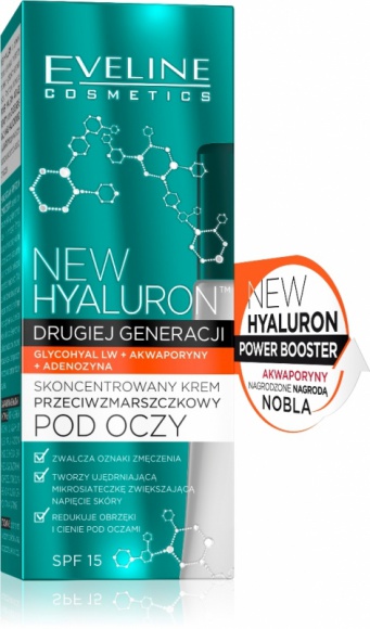 Eveline Cosmetics NEW HYALURON™ Krem Przeciwzmarszczkowy pod oczy LIFESTYLE, Uroda - NEW HYALURON to pionierska terapia aktywująca mechanizmy młodości w głębokich warstwach skóry. Przełomowa technologia TURBO LIFTING AGE DEFENSE™ na bazie DRUGIEJ GENERACJI KWASU HIALURONOWEGO i AKWAPORYN zapewnia bezprecedensową skuteczność w redukcji zmarszczek.