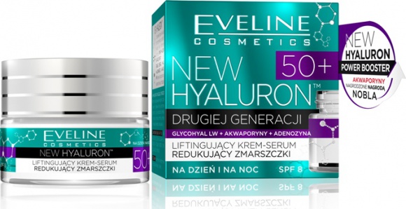 Eveline Cosmetics Liftingujący Krem-Serum Redukujący Zmarszczki 50+ LIFESTYLE, Uroda - NEW HYALURON to pionierska terapia aktywująca mechanizmy młodości w głębokich warstwach skóry. Przełomowa technologia TURBO LIFTING AGE DEFENSE™ na bazie DRUGIEJ GENERACJI KWASU HIALURONOWEGO i AKWAPORYN zapewnia bezprecedensową skuteczność w redukcji zmarszczek.
