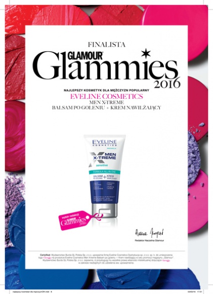 Eveline Cosmetics finalistą w plebiscycie „GLAMOUR GLAMMIES 2016” LIFESTYLE, Uroda - MEN X-TREME BALSAM PO GOLENIU + KREM NAWILŻAJĄCY Eveline Cosmetics finalistą w plebiscycie „GLAMOUR GLAMMIES 2016” w kategorii Najlepszy popularny kosmetyk dla mężczyzn.
