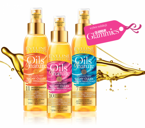 Eveline Cosmetics wyróżniona w plebiscycie „GLAMOUR GLAMMIES 2017” LIFESTYLE, Uroda - Luksusowy suchy olejek do ciała i twarzy z serii Oils of Nature Eveline Cosmetics został wyróżniony przez redakcję w plebiscycie „GLAMOUR GLAMMIES 2017”.