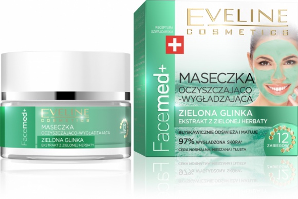 Eveline Cosmetics Maseczka Oczyszczająco - Wygładzająca Zielona Glinka Facemed+ LIFESTYLE, Uroda - Maseczki z glinki dodają skórze witalności, eliminują toksyny, pielęgnują i wygładzają skórę, ograniczają pękanie naczyń krwionośnych. Glinka działa przeciwbakteryjnie, przeciwzapalnie i tworzy naturalną ochronę przed promieniami UVA i UVB.