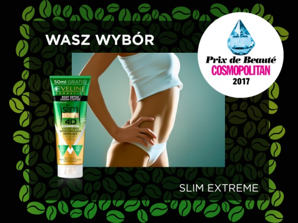 Nagroda dla Eveline Cosmetics w plebiscycie Cosmopolitan PRIX DE BEAUTÉ 2017 LIFESTYLE, Uroda - KAWOWE SERUM WYSZCZUPLAJĄCO-DRENUJĄCE BODY DETOX GREEN COFFEE z serii SLIM EXTREME 4D PROFESSIONAL otrzymało międzynarodowy tytuł PRIX DE BEAUTÉ 2017 magazynu Cosmopolitan, zwyciężając w kategorii popularne kosmetyki do pielęgnacji ciała.