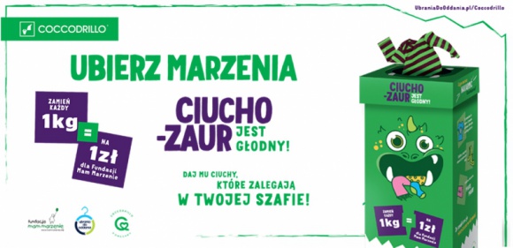 Ubierz marzenia! - akcja charytatywna Coccodrillo i Ubrania do oddania Dziecko, LIFESTYLE - Masz dziecięce ubrania, które zalegają na dnie Twojej szafy? Nakarm Ciuchozaura i pomóż spełnić marzenia najmłodszych! Już dziś zamów bezpłatnego kuriera, który odbierze Twoją paczkę! Każdy 1 kg używanej, dziecięcej odzieży to 1 zł przekazane na cele fundacji Mam Marzenie!